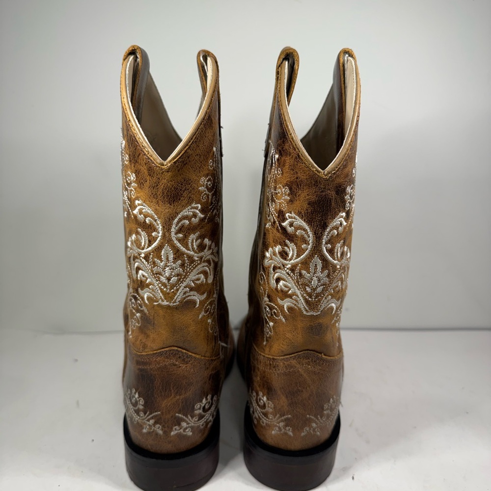 BSY1958 Old West Girl's Youth Square Toe Leather Western Boot Brown Size 7 - Picture 4 of 9